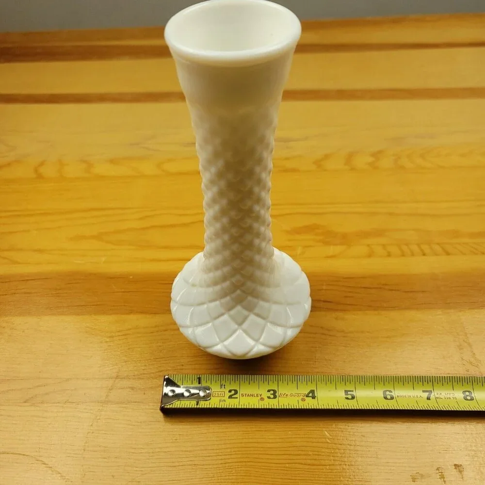 Vintage Loeffler Randall Cross Hatched Milk‎ Glass Bud Vase Mid-Century Hobnail